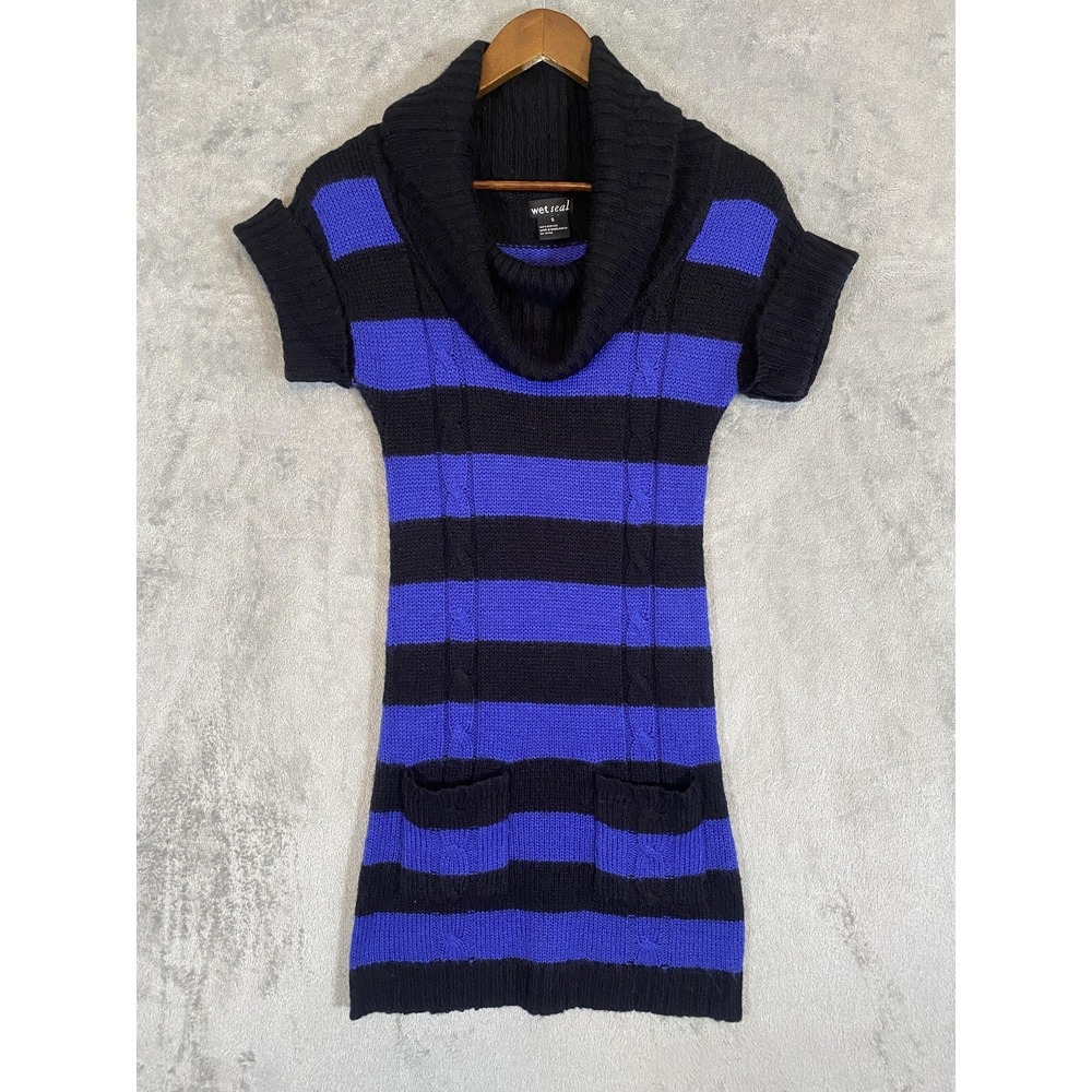 Wet Seal‎ Sweater Dress Womens Small Black Blue Striped Cowl Neck Short Sleeve